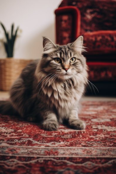 Cat sitting on a rug in the livingroom